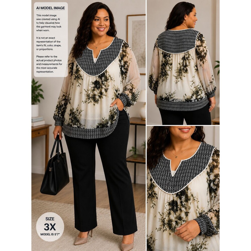 Rose & Olive NWT 3X Sheer Boho Blouse Plus Size Mixed Print Cami Included